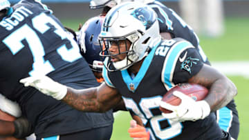 Dec 13, 2020; Charlotte, North Carolina, USA; Carolina Panthers running back Mike Davis (28) with the ball in the fourth quarter at Bank of America Stadium. Mandatory Credit: Bob Donnan-USA TODAY Sports