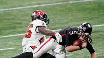 Dec 20, 2020; Atlanta, Georgia, USA; Atlanta Falcons quarterback Matt Ryan (2) is sacked by Tampa Bay Buccaneers inside linebacker Devin White (45) in the second half of a NFL game at Mercedes-Benz Stadium. Mandatory Credit: Dale Zanine-USA TODAY Sports