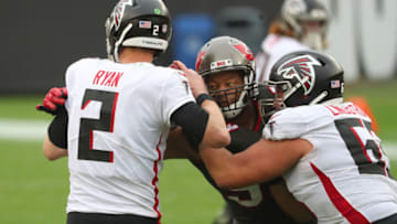 Jan 3, 2021; Tampa, Florida, USA; Tampa Bay Buccaneers defensive end Ndamukong Suh (93) pressures Atlanta Falcons quarterback Matt Ryan (2) during the second half at Raymond James Stadium. Mandatory Credit: Kim Klement-USA TODAY Sports