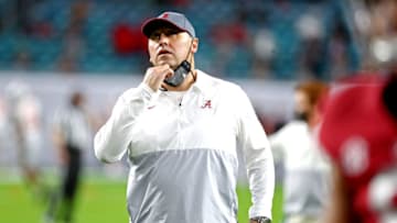 Jan 11, 2021; Miami Gardens, Florida, USA; Alabama Crimson Tide offensive coordinator Steve Sarkisian before playing the Alabama Crimson Tide in the 2021 College Football Playoff National Championship Game. Mandatory Credit: Kim Klement-USA TODAY Sports