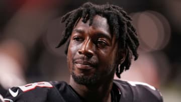 Aug 29, 2021; Atlanta, Georgia, USA; Atlanta Falcons wide receiver Calvin Ridley (18) on the field at Mercedes-Benz Stadium. Mandatory Credit: Dale Zanine-USA TODAY Sports
