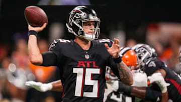 Aug 29, 2021; Atlanta, Georgia, USA; Atlanta Falcons quarterback Feleipe Franks (15) in action at Mercedes-Benz Stadium. Mandatory Credit: Dale Zanine-USA TODAY Sports