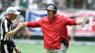 Sep 12, 2021; Atlanta, Georgia, USA; Atlanta Falcons head coach Arthur Smith talks with the referee against the Philadelphia Eagles during the first quarter at Mercedes-Benz Stadium. Mandatory Credit: John David Mercer-USA TODAY Sports