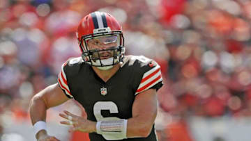 Cleveland Browns quarterback Baker Mayfield (6) rushes into the end zone to score during the first half of an NFL football game against the Houston Texans, Sunday, Sept. 19, 2021, in Cleveland, Ohio. [Jeff Lange/Beacon Journal]Browns 2