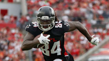 Sep 19, 2021; Tampa, Florida, USA; Atlanta Falcons running back Cordarrelle Patterson (84) catches the ball and runs it in for a touchdown against the Tampa Bay Buccaneers during the second half at Raymond James Stadium. Mandatory Credit: Kim Klement-USA TODAY Sports