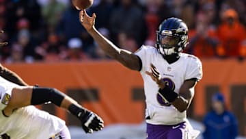 Dec 12, 2021; Cleveland, Ohio, USA; Baltimore Ravens quarterback Lamar Jackson (8) throws the ball against the Cleveland Browns during the first quarter at FirstEnergy Stadium. Mandatory Credit: Scott Galvin-USA TODAY Sports