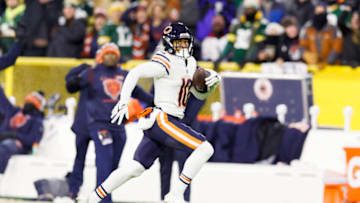 Dec 12, 2021; Green Bay, Wisconsin, USA; Chicago Bears wide receiver Damiere Byrd (10) rushes for a touchdown aft catching a pass during the second quarter against the Green Bay Packers at Lambeau Field. Mandatory Credit: Jeff Hanisch-USA TODAY Sports
