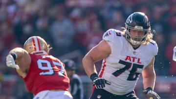 December 19, 2021; Santa Clara, California, USA; Atlanta Falcons offensive tackle Kaleb McGary (76) during the first quarter against the San Francisco 49ers at Levi's Stadium. Mandatory Credit: Kyle Terada-USA TODAY Sports