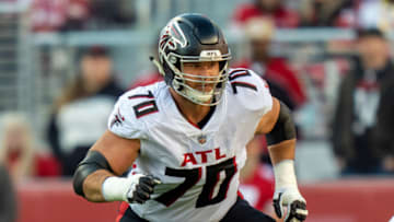 December 19, 2021; Santa Clara, California, USA; Atlanta Falcons offensive tackle Jake Matthews (70) during the second quarter against the San Francisco 49ers at Levi's Stadium. Mandatory Credit: Kyle Terada-USA TODAY Sports