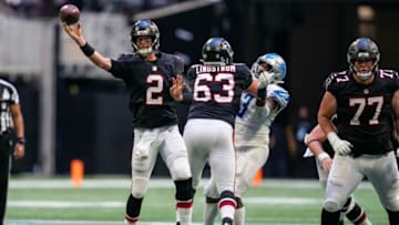 Dec 26, 2021; Atlanta, Georgia, USA; Atlanta Falcons quarterback Matt Ryan (2) passes against the Detroit Lions during the second half at Mercedes-Benz Stadium. Mandatory Credit: Dale Zanine-USA TODAY Sports