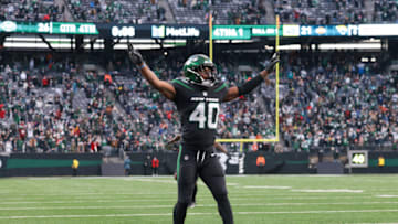 Dec 26, 2021; East Rutherford, New Jersey, USA; New York Jets cornerback Javelin Guidry (40) celebrates after a defensive stop during the second half against the Jacksonville Jaguars at MetLife Stadium. Mandatory Credit: Vincent Carchietta-USA TODAY Sports