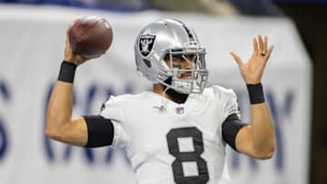 Jan 2, 2022; Indianapolis, Indiana, USA; Las Vegas Raiders quarterback Marcus Mariota (8) during pregame warmups against the Indianapolis Colts in the first quarter at Lucas Oil Stadium. Mandatory Credit: Trevor Ruszkowski-USA TODAY Sports