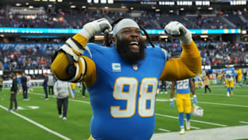 Jan 2, 2022; Inglewood, California, USA; Los Angeles Chargers defensive tackle Linval Joseph (98) celebrates after the game against the Denver Broncos at SoFi Stadium. Mandatory Credit: Kirby Lee-USA TODAY Sports