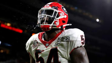 Georgia Bulldogs offensive lineman Justin Shaffer (54) reacts after a touchdown Tuesday, Jan. 11, 2022, during the College Football Playoff National Championship at Lucas Oil Stadium in Indianapolis.