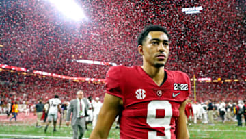 Jan 10, 2022; Indianapolis, IN, USA; Alabama Crimson Tide quarterback Bryce Young (9) reacts after the Alabama Crimson Tide got beat by the Georgia Bulldogs in the 2022 CFP college football national championship game at Lucas Oil Stadium. Mandatory Credit: Mark J. Rebilas-USA TODAY Sports