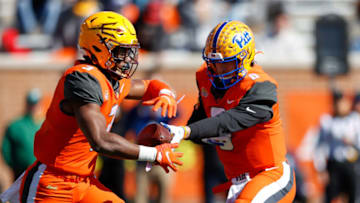 Feb 5, 2022; Mobile, AL, USA; n8 National Squad quarterback Kenny Pickett of Pittsburgh (8) hands off to running back Rachaad White of Arizona State (3) in the first quarter at Hancock Whitney Stadium. Mandatory Credit: Nathan Ray Seebeck-USA TODAY Sports