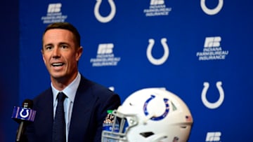 Mar 22, 2022; Indianapolis, IN, USA; Indianapolis Colts Quarterback Matt Ryan (2) holds a press conference to announce his joining of the team at Indiana Farm Bureau Football Center. Mandatory Credit: Marc Lebryk-USA TODAY Sports