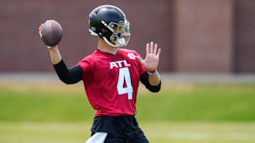 May 14, 2022; Flowery Branch, GA, USA; Atlanta Falcons quarterback Desmond Ridder (4) passes during Falcons Rookie Minicamp at the Falcons Training Complex. Mandatory Credit: Dale Zanine-USA TODAY Sports