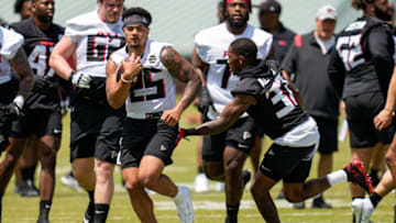May 14, 2022; Flowery Branch, GA, USA; Atlanta Falcons running back Tyler Allgeier (25) runs with the ball during Falcons Rookie Minicamp at the Falcons Training Complex. Mandatory Credit: Dale Zanine-USA TODAY Sports