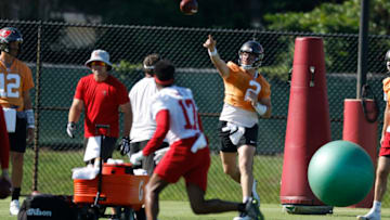 Jun 7, 2022; Tampa, Florida, USA; Tampa Bay Buccaneers quarterback Kyle Trask (2) throws the ball to Tampa Bay Buccaneers wide receiver Russell Gage Jr. (17) at AdventHealth Training Center. Mandatory Credit: Kim Klement-USA TODAY Sports