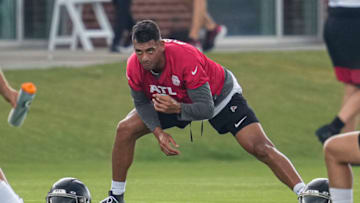 Jun 14, 2022; Flowery Branch, GA, USA; Atlanta Falcons quarterback Marcus Mariota (1) on the field during Minicamp at the Falcons Training Complex. Mandatory Credit: Dale Zanine-USA TODAY Sports