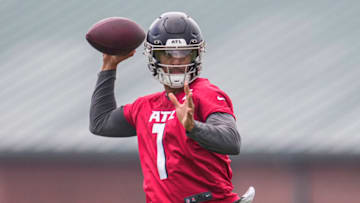 Jun 14, 2022; Flowery Branch, GA, USA; Atlanta Falcons quarterback Marcus Mariota (1) shown on the field during Minicamp at the Falcons Training Complex. Mandatory Credit: Dale Zanine-USA TODAY Sports