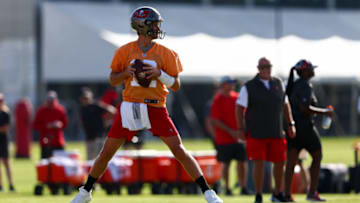 Jul 30, 2022; Tampa, Florida, USA; Tampa Bay Buccaneers quarterback Tom Brady (12) participates in training camp at AdventHealth training center Mandatory Credit: Nathan Ray Seebeck-USA TODAY Sports