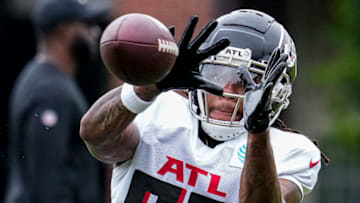 Aug 1, 2022; Flowery Branch, GA, USA; Atlanta Falcons wide receiver Tyshaun James (85) watches the ball in a drill during training camp at IBM Performance Field. Mandatory Credit: Dale Zanine-USA TODAY Sports