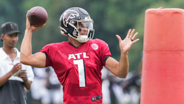 Aug 1, 2022; Flowery Branch, GA, USA; Atlanta Falcons quarterback Marcus Mariota (1) passes during training camp at IBM Performance Field. Mandatory Credit: Dale Zanine-USA TODAY Sports
