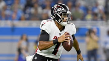 Aug 12, 2022; Detroit, Michigan, USA; Atlanta Falcons quarterback Marcus Mariota (1) heads upfield against the Detroit Lions in the first quarter at Ford Field. Mandatory Credit: Lon Horwedel-USA TODAY Sports