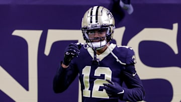 Aug 26, 2022; New Orleans, Louisiana, USA; New Orleans Saints wide receiver Chris Olave (12) looks on during warmups before the game against the Los Angeles Chargers at Caesars Superdome. Mandatory Credit: Stephen Lew-USA TODAY Sports