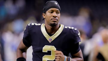 Aug 26, 2022; New Orleans, Louisiana, USA; New Orleans Saints quarterback Jameis Winston (2) runs to the locker room after the game against the Los Angeles Chargers in the Caesars Superdome. Mandatory Credit: Stephen Lew-USA TODAY Sports