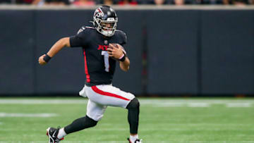 Sep 11, 2022; Atlanta, Georgia, USA; Atlanta Falcons quarterback Marcus Mariota (1) runs the ball against the New Orleans Saints in the second half at Mercedes-Benz Stadium. Mandatory Credit: Brett Davis-USA TODAY Sports