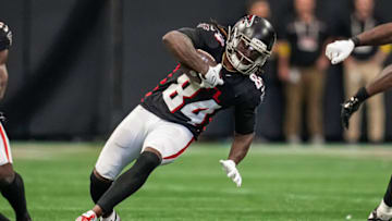 Sep 11, 2022; Atlanta, Georgia, USA; Atlanta Falcons running back Cordarrelle Patterson (84) runs against the New Orleans Saints during the second half at Mercedes-Benz Stadium. Mandatory Credit: Dale Zanine-USA TODAY Sports