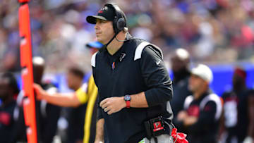 Sep 18, 2022; Inglewood, California, USA; Atlanta Falcons head coach Arthur Smith watches game action against the Los Angeles Rams during the first half at SoFi Stadium. Mandatory Credit: Gary A. Vasquez-USA TODAY Sports