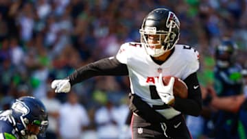 Sep 25, 2022; Seattle, Washington, USA; Atlanta Falcons wide receiver Drake London (5) runs a reception into the end zone for a touchdown against the Seattle Seahawks during the third quarter at Lumen Field. Mandatory Credit: Joe Nicholson-USA TODAY Sports