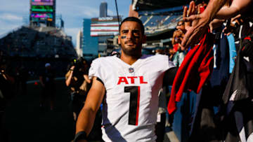 Sep 25, 2022; Seattle, Washington, USA; Atlanta Falcons quarterback Marcus Mariota (1) walks to the locker room following a 27-23 victory against the Seattle Seahawks during the fourth quarter at Lumen Field. Mandatory Credit: Joe Nicholson-USA TODAY Sports