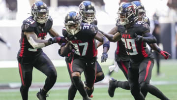 Oct 2, 2022; Atlanta, Georgia, USA; Atlanta Falcons cornerback Dee Alford (37) reacts with teammates after intercepting a pass against the Cleveland Browns late in the game during the second half at Mercedes-Benz Stadium. Mandatory Credit: Dale Zanine-USA TODAY Sports