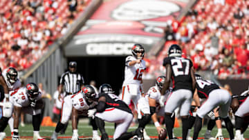 Oct 9, 2022; Tampa, Florida, USA; Tampa Bay Buccaneers quarterback Tom Brady (12) motions before the snap during the second half against the Atlanta Falcons at Raymond James Stadium. Mandatory Credit: Matt Pendleton-USA TODAY Sports