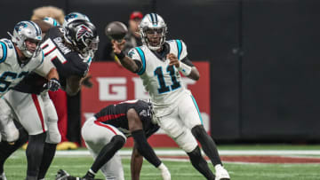 Oct 30, 2022; Atlanta, Georgia, USA; Carolina Panthers quarterback PJ Walker (11) passes against the Atlanta Falcons during the second half at Mercedes-Benz Stadium. Mandatory Credit: Dale Zanine-USA TODAY Sports