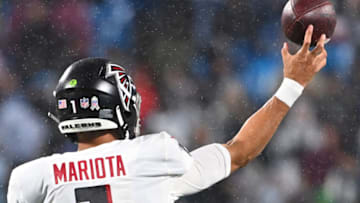 Nov 10, 2022; Charlotte, North Carolina, USA; Atlanta Falcons quarterback Marcus Mariota (1) passes the ball in the fourth quarter at Bank of America Stadium. Mandatory Credit: Bob Donnan-USA TODAY Sports