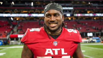 Nov 20, 2022; Atlanta, Georgia, USA; Atlanta Falcons running back Cordarrelle Patterson (84) celebrates after a victory against the Chicago Bears at Mercedes-Benz Stadium. Mandatory Credit: Brett Davis-USA TODAY Sports