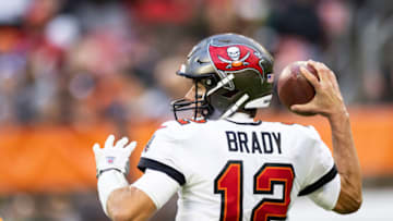 Nov 27, 2022; Cleveland, Ohio, USA; Tampa Bay Buccaneers quarterback Tom Brady (12) throws against the Cleveland Browns during the fourth quarter at FirstEnergy Stadium. Mandatory Credit: Scott Galvin-USA TODAY Sports