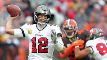 Tampa Bay Buccaneers quarterback Tom Brady (12) throws a pass during the second half of an NFL football game against the Cleveland Browns at FirstEnergy Stadium, Sunday, Nov. 27, 2022, in Cleveland, Ohio.Browns27jl 31