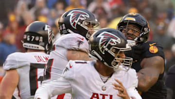 Nov 27, 2022; Landover, Maryland, USA; Atlanta Falcons quarterback Marcus Mariota (1) prepares to pass the ball against the Washington Commanders at FedExField. Mandatory Credit: Geoff Burke-USA TODAY Sports