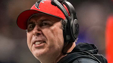Dec 4, 2022; Atlanta, Georgia, USA; Atlanta Falcons head coach Arthur Smith reacts after a play against the Pittsburgh Steelers during the second half at Mercedes-Benz Stadium. Mandatory Credit: Dale Zanine-USA TODAY Sports