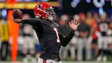 Dec 4, 2022; Atlanta, Georgia, USA; Atlanta Falcons quarterback Marcus Mariota (1) passes against the Pittsburgh Steelers during the first half at Mercedes-Benz Stadium. Mandatory Credit: Dale Zanine-USA TODAY Sports