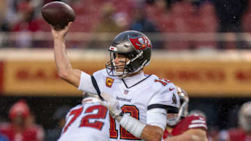 December 11, 2022; Santa Clara, California, USA; Tampa Bay Buccaneers quarterback Tom Brady (12) passes the football against the San Francisco 49ers during the fourth quarter at Levi's Stadium. Mandatory Credit: Kyle Terada-USA TODAY Sports