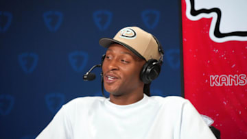 Feb 8, 2023; Phoenix, AZ, USA; Arizona Cardinals receiver DeAndre Hopkins on the FanDuel set on radio row at the media center at the Phoenix Convention Center. Mandatory Credit: Kirby Lee-USA TODAY Sports