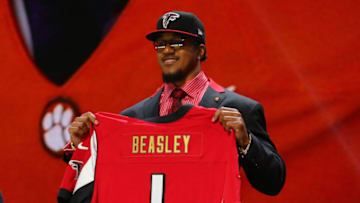Apr 30, 2015; Chicago, IL, USA; Vic Beasley (Clemson) poses for a photo after being selected as the number eighth overall pick to the Atlanta Falcons in the first round of the 2015 NFL Draft at the Auditorium Theatre of Roosevelt University. Mandatory Credit: Dennis Wierzbicki-USA TODAY Sports
